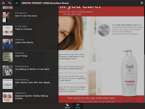22 Martha Stewart Living відображає зміст випуску як спливаюче вікно довжиною на весь екран, надаючи достатньо місця для малюнку та опису статті.