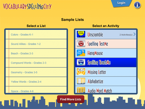 Приклад невдалого меню дитячого додатку VocabularySpellingCity's