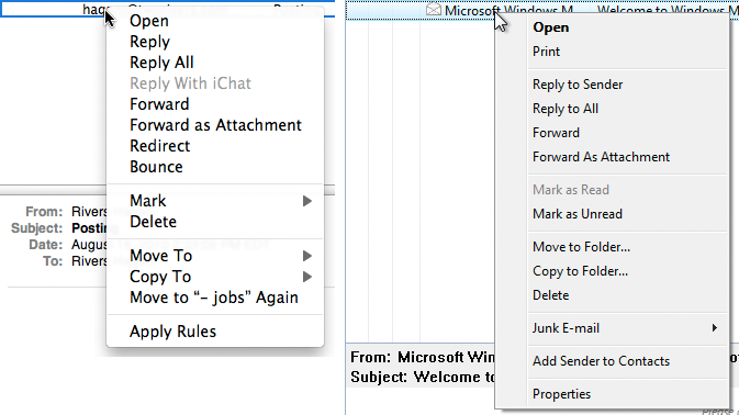 контекстне меню для електронного листа в Apple Mail (зліва) та Windows Mail (справа) контекстне меню для електронного листа в Apple Mail (зліва) та Windows Mail (справа)